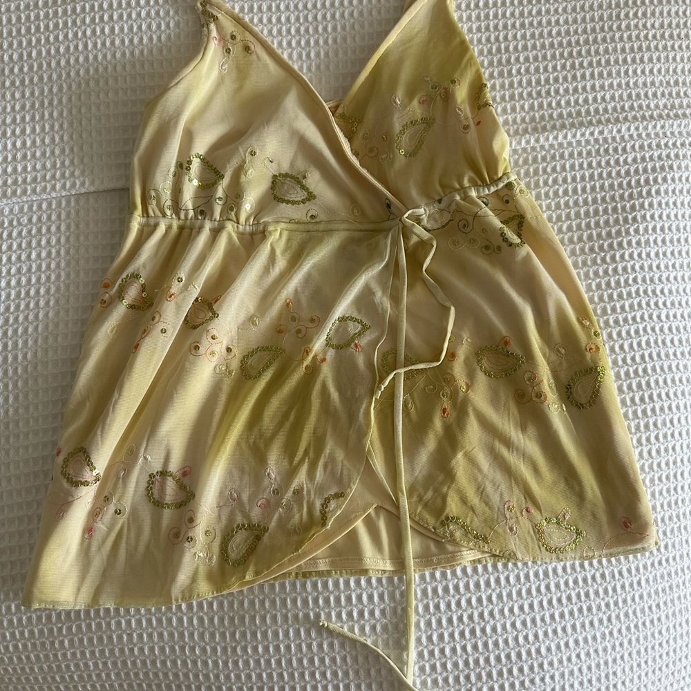 Yellow Y2K style Embroidered Wrap Tank Top
